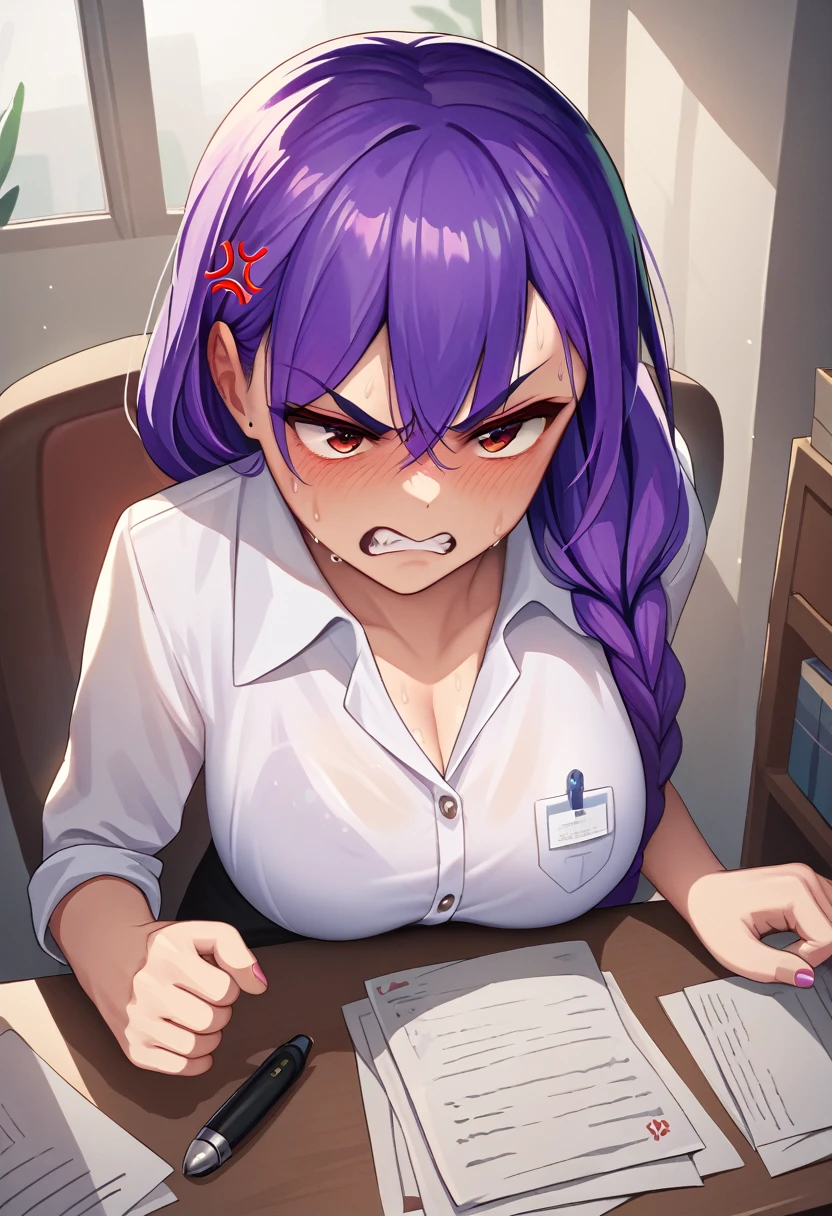 masterpiece, best quality, 1girl, purple hair, low-tied long hair, blush, sweat, office,angry