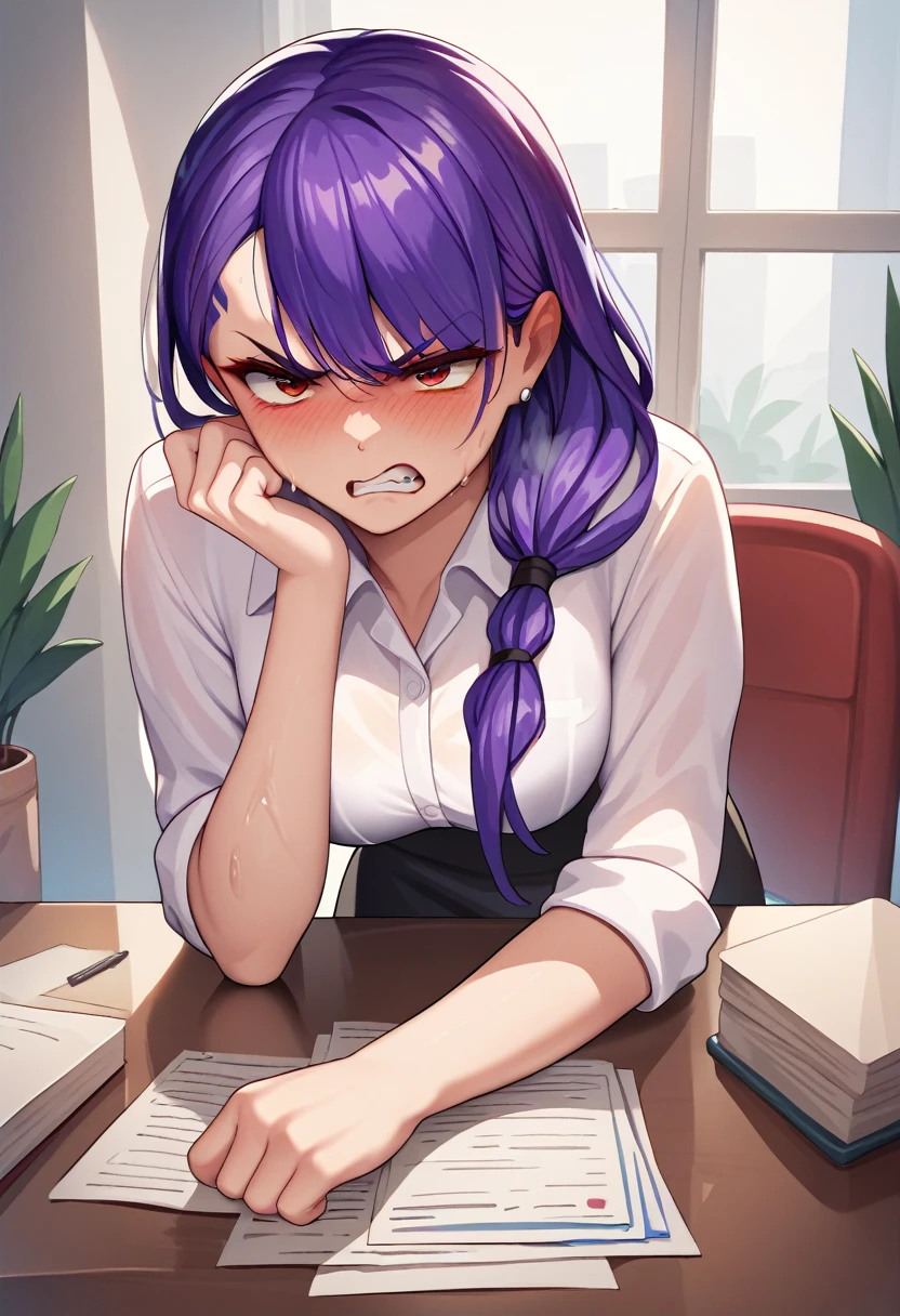 masterpiece, best quality, 1girl, purple hair, low-tied long hair, blush, sweat, office,angry