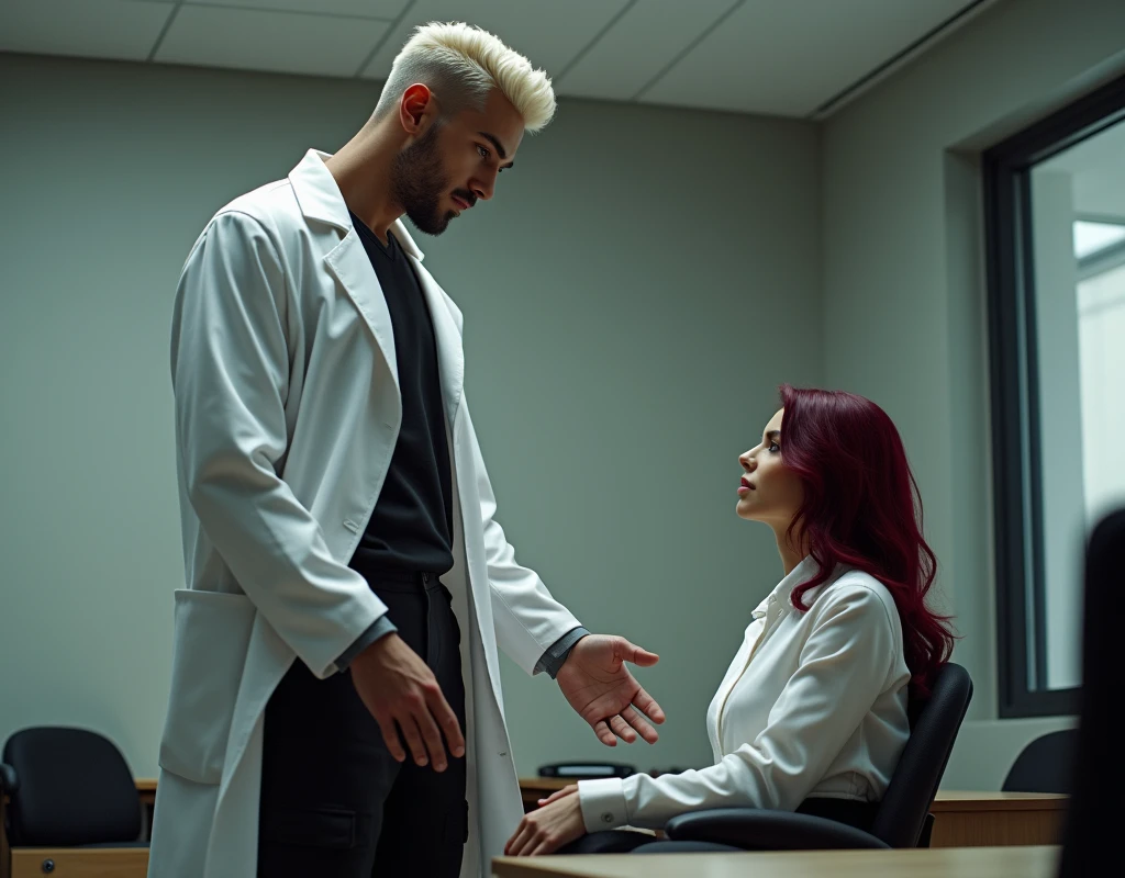 Very tall attractive young man, short platinum blond wavy swept-back hair, dark skin, long black stubble, Arabic-Egyptian features, white lab coat over a black t-shirt, black cargo pants and black boots, standing behind office desk gesturing to take a seat to a shoulder height young woman vibrant maroon side-parted medium-length wavy hair, very pale skin, white silk work blouse, low-rise black pants and black boots. Photorealistic, cinematic.