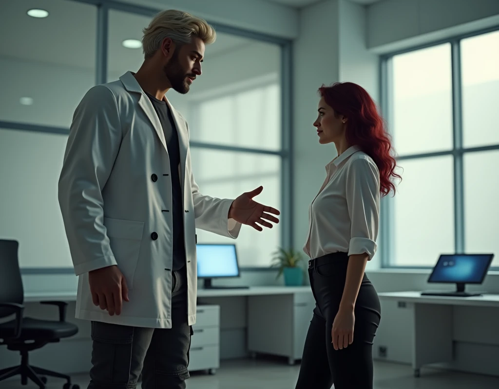Very tall attractive young man, short platinum blond wavy swept-back hair, dark skin, long black stubble, Arabic-Egyptian features, white lab coat over a black t-shirt, black cargo pants and black boots, standing behind office desk gesturing to take a seat to a shoulder height young woman vibrant maroon side-parted medium-length wavy hair, very pale skin, white silk work blouse, low-rise black pants and black boots. Photorealistic, cinematic.