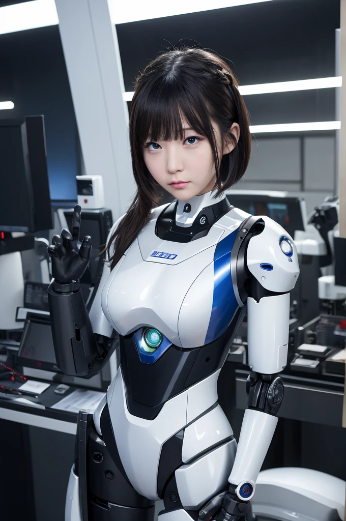 masterpiece, best quality, extremely detailed, 8k portrait,Japaese android girl,Plump ,control panels,android,Droid,Mechanical Hand, Robot arms and legs,Blunt bangs,perfect robot girl,long tube,thick cable connected her neck,android,robot,humanoid,cyborg,japanese cyborg girl ,robot-assembly plant,white robot body,She has assembled now,assembly scene,chest monitor,rolling eyes,