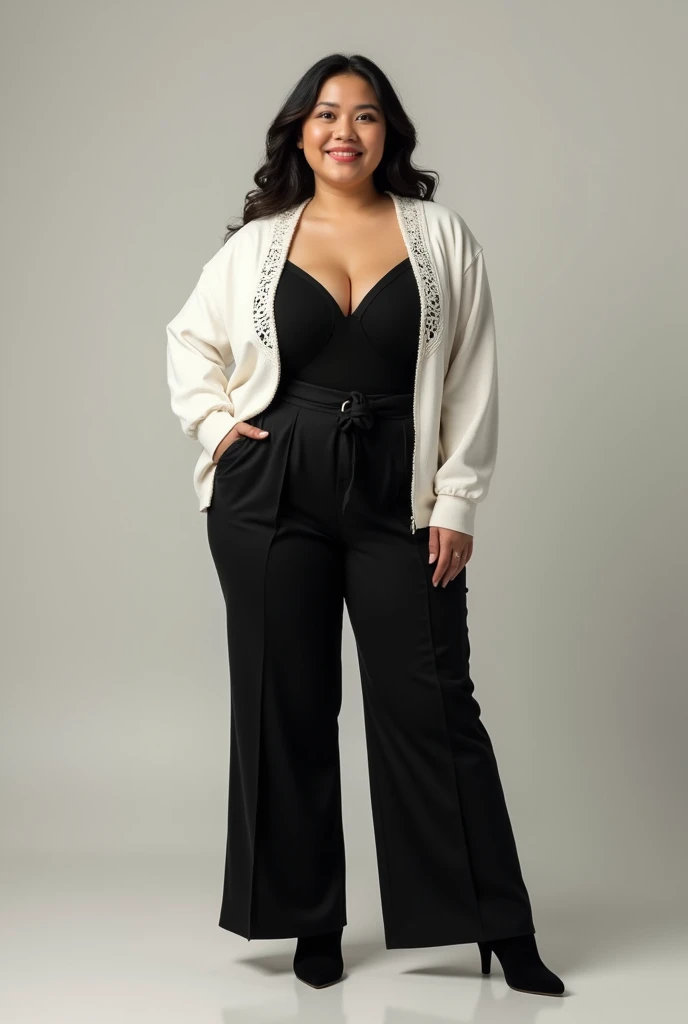 generate a plus size college girl wearing a black wide pants, with a black sando top, tucked in, and a white bolero (a filipiñana) 

