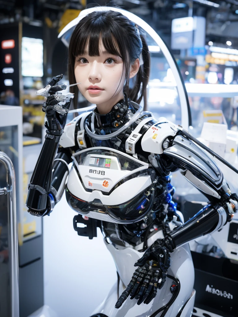 masterpiece, Highest quality, Very detailed, Japaese アンDroid girl,Portraiture,Plump,Thick,Control panel,アンDroid,Droid,Mechanical Hand, robotの腕と脚, Black Hair,Blunt bangs,perfect robot girl,Long tube,A thick cable was attached to her neck.,アンDroid,robot,humanoid,cyborg,japanese cyborg girl ,robot-assembly plant,She is now assembling,Assembly scene,Chubby,Squat