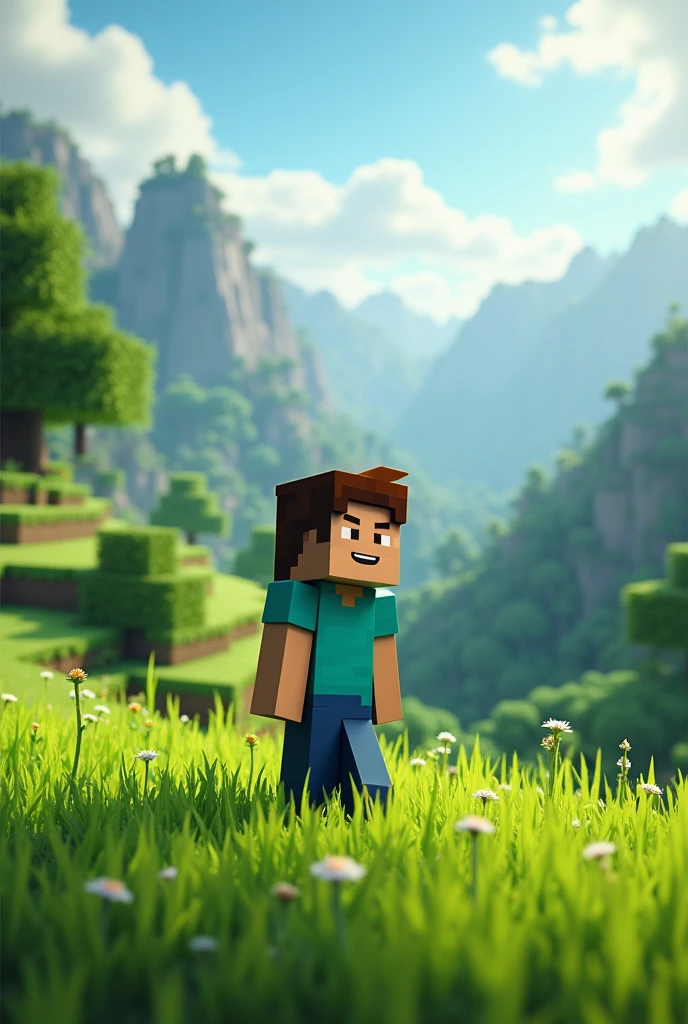 personaggio felice minecraft, 1boy, happy expression, looking out over pristine nature, minecraft landscape, rolling hills, lush green grass, tall trees, detailed environment, vibrant colors, soft lighting, photorealistic, 8k, (best quality, 4k, 8k, highres, masterpiece:1.2), ultra-detailed, (realistic, photorealistic, photo-realistic:1.37), cinematic composition, natural scenery, peaceful atmosphere
