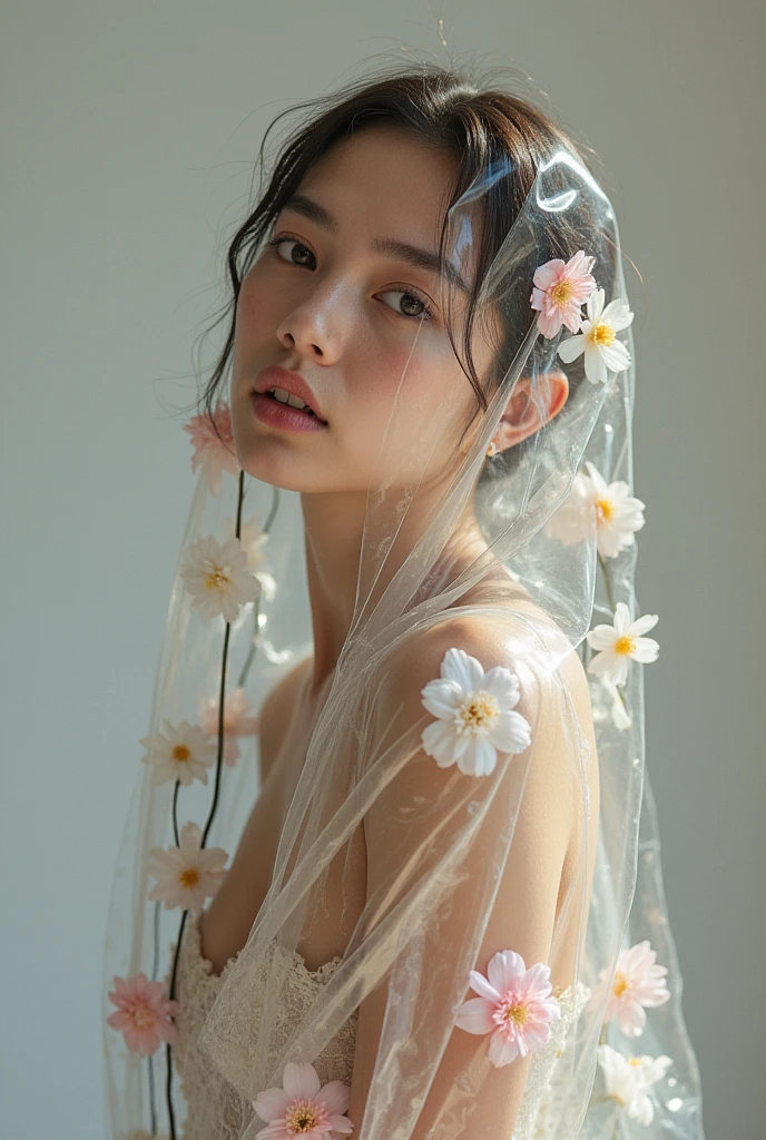 Professional model fair skin posing in a fashion photoshoot、This is a super realistic photo. She is completely wrapped in a transparent film, Under the film there are many flowers covering the skin. The shot is a mid-body shot.