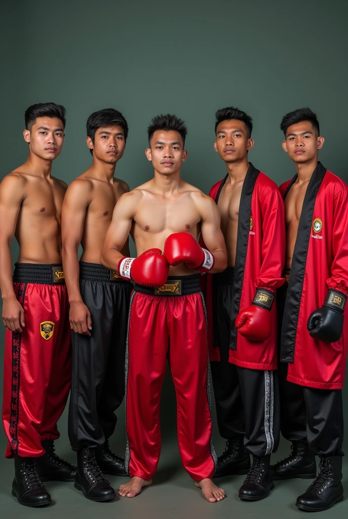 Describe 5 young Indonesian men with white skin, slightly plump, 170cm tall, in a photo studio with an aesthetic wall background, wearing clothes, Full boxing pants with boxing gloves and boxing robe. Realistic photo, 8k, HDR