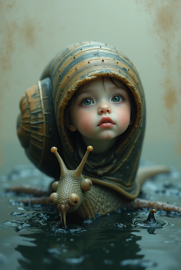 snail with a girl's face in slime, full-length,Close-up, pastel dark shades, interesting uncluttered composition, oil painting