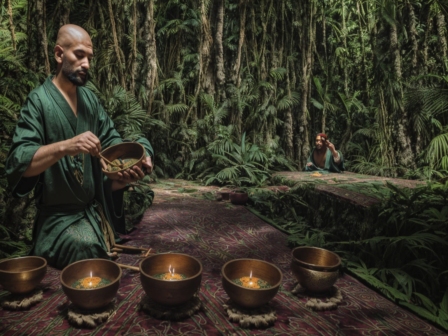A man wearing an Arab robe sits on a rug.，Singing bowls placed nearby, Ayahuasca ceremony, the Ayahuasca spirit, Ayahuasca, Ayahuasca shaman, Ceremony in the forest, Forest Ceremony, Inspired by Gong Kai, In a jungle setting, Mystical Feeling, Mysterious environment, Shamanism, Mayan Elder Oracle
