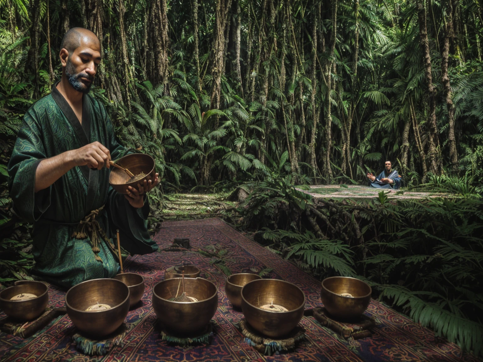 A man wearing an Arab robe sits on a rug.，Singing bowls placed nearby, Ayahuasca ceremony, the Ayahuasca spirit, Ayahuasca, Ayahuasca shaman, Ceremony in the forest, Forest Ceremony, Inspired by Gong Kai, In a jungle setting, Mystical Feeling, Mysterious environment, Shamanism, Mayan Elder Oracle
