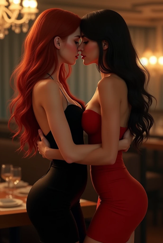 ultra realistic, photography, two girls: one with long red hair, 24 years old, hourglass figure, perfect body, natural medium breasts, wearing a sexy black sheath dress, the other one: long black straight hair, girl, 30 years old, hourglass figure, perfect fit body, giant breasts, she is wearing a sexy red sheath push-up dress, high heels, large breasts, (kissing, passionately kissing, tongue kiss:1.2), on a romantic date, lesbian, lesbian love, perfect skin, perfect body, skin pores, high quality glossy eyes, beautiful lips, highly detailed, 16k quality photo, light diffusion, ray traced