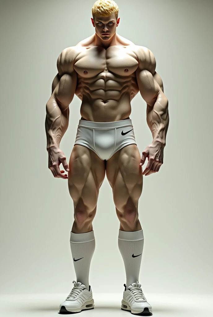 A teenage god with blond hair and white skin, This god has enormous muscles, muscles so big that they make his head look small compared to his body. His shoulder muscles are so big and inflated that they seem to surround his head and make it look small.. Her legs are more muscular and huge, They are twice as long as those of a normal body, and these are three times as large and muscular., Her thighs look especially more developed and inflated with muscles that wear a pair of extra-long white Nike football socks that she wears stretched up over her knees and white Nike Air Max 97s..
The stockings must be very long and they must be super stretched so that all the muscles of the god's legs vibrate..
He carries the.short hair and white eyes