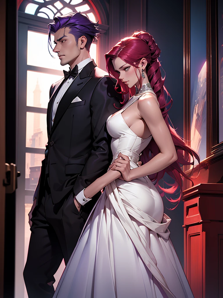 a man and a woman standing in a luxurious hall, the woman wearing an elegant ballgown dress with long purple hair styled beautifully flowing down her shoulders and waist, the man in a tuxedo with slicked back red hair, formal mafia party scene, the woman standing next to the man as he protects her, detailed face and eyes, photorealistic, cinematic lighting, dramatic atmosphere, vibrant colors, intricate details, high fashion, chiaroscuro lighting, moody, elegant, sophisticated, cinematic composition, award-winning photography, masterpiece, best quality, 8k, hyperrealistic, photorealism, physically-based rendering, extremely detailed, studio lighting. A girl stands next to a guy. He puts his arm around her waist, his face is gloomy. There are many people around. Young girl with boy.. *HER PURPLE HAIR* Red haired guy, guy with red hair, his RED HAIR.