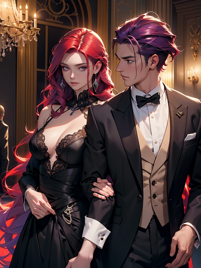a man and a woman standing in a luxurious hall, the woman wearing an elegant ballgown dress with long purple hair styled beautifully flowing down her shoulders and waist, the man in a tuxedo with slicked back red hair, formal mafia party scene, the woman standing next to the man as he protects her, detailed face and eyes, photorealistic, cinematic lighting, dramatic atmosphere, vibrant colors, intricate details, high fashion, chiaroscuro lighting, moody, elegant, sophisticated, cinematic composition, award-winning photography, masterpiece, best quality, 8k, hyperrealistic, photorealism, physically-based rendering, extremely detailed, studio lighting. A girl stands next to a guy. He puts his arm around her waist, his face is gloomy. There are many people around. Young girl with boy.. *HER PURPLE HAIR* Red haired guy, guy with red hair, his RED HAIR.