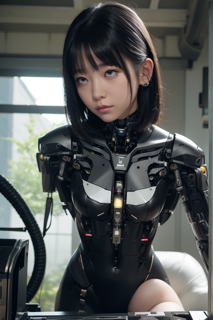 masterpiece, best quality, extremely detailed, (photorealistic:1.4), (RAW photo) (RAW photo) (8K, 4K, Best Quality, hight resolution, 超A high resolution:1.1), (masutepiece, Realistic, Photorealsitic:1.1), 1girl in, Japaese Cyborg girl,Plump , control panels,android,Droid,Mechanical Hand, Robot arms and legs, Black Robot Parts,Black hair,Mechanical body,Blunt bangs,White robotics parts,perfect robot girl,future information counter,reception,long tube,thick cable connected her neck,ceramic body ,mechanical body, ear antenna,mechanical ear cover, loose boots,mechanical costume,android,robot,humanoid,cyborg,information office,japanese android receptionist ,mechanical chest,rolling eyes,dark black tights