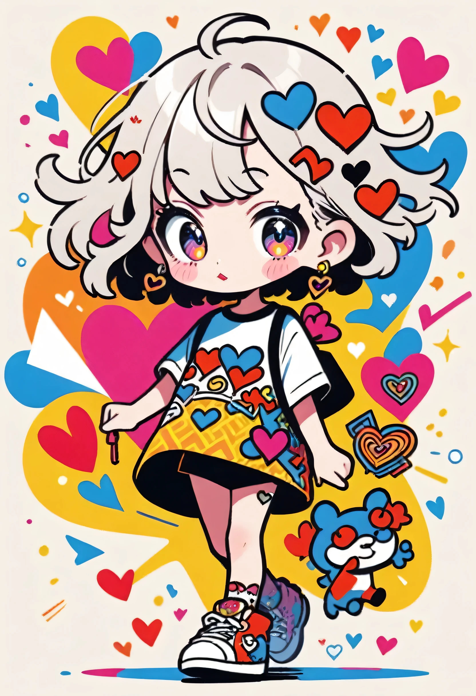 Ultra-realism Keith Haring colorful style, Simple Line Initialism，Abstract art，(((The most beautiful girl of all time))), Sweet face. Lips in love, colorful hearts, stylish design, 夏のオシャレなTシャツ, 黒い瞳, walking, Paris