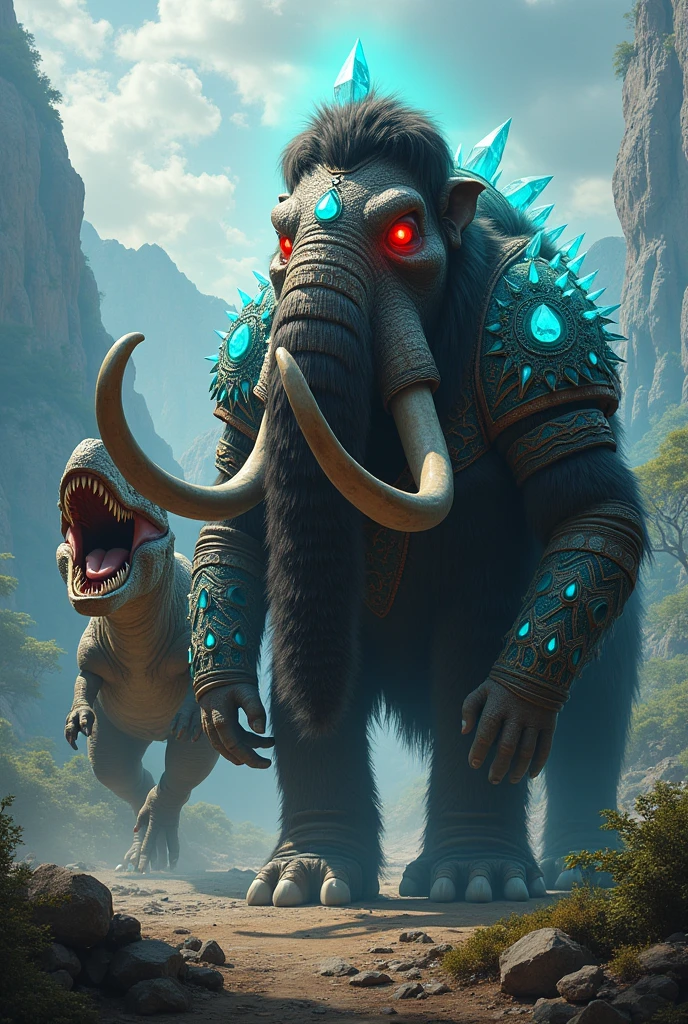 A Mammoth with glowing red eyes wearing an ancient armor with glowing cyan crystal with it's friend Trex