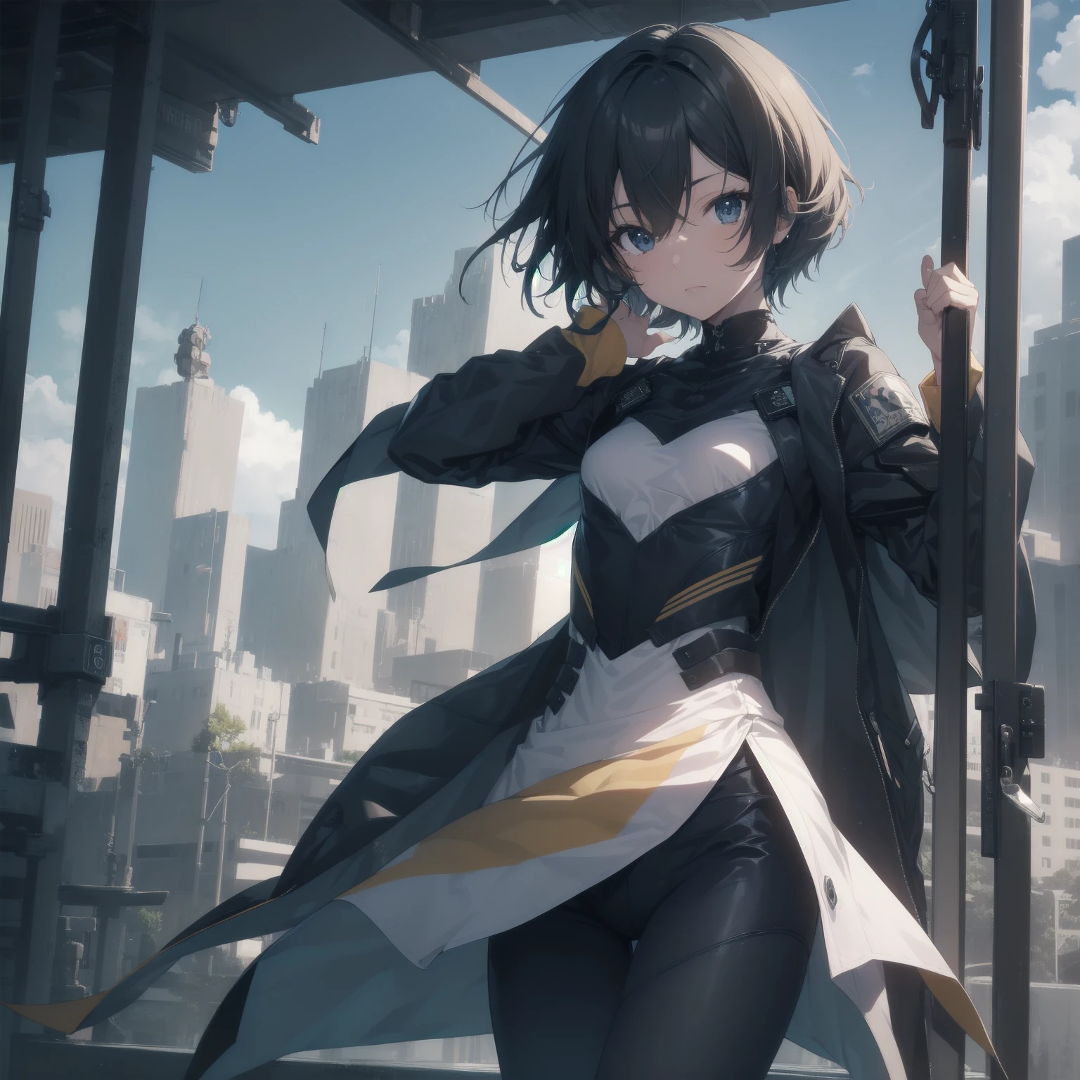 ultra-absurdres-Top quality by artist God, ultra-detailed, high resolution, anime moe artstyle, best anime 8k konachan wallpaper, pixiv contest winner, pool:2810, perfect anatomy,break, 1girl, (Please draw a girl dynamic action to skyscraper alone. )break,(Solo,little female, -yeld:1.Full limbs, complete fingers, cyberpunk, (very short hair), pixie cut, large breasts, groin, butt, small black eyes, beautiful detailed eyes, well-proportioned iris and pupils, expressive eyes, highres detailed hair, expressionless, bodysuit, plugsuit, (Detailed Lighting), (Detailed background), in the cityscape. break,super detailed skin, Best cinematic lighting powered by famous artist, 8k,sexual illustration,photoshop_(medium),very aesthetic,break,((artist:izumi_tsubasu )), artist:clamp ,artist:carnelian ,artist:kantoku ,