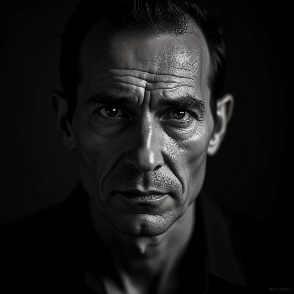 black and white image , face of a man with strabismus , high-quality image