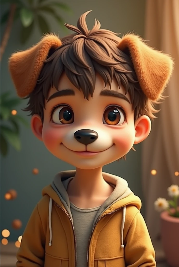 A man who looks like a puppy with brown hair and brown eyes