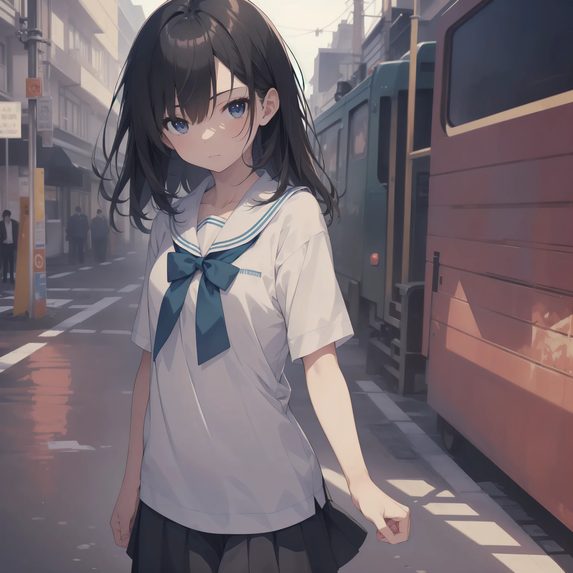 ((high quality anime, 8k,masterpiece,Perfect Anatomy)),nsfw,(after rape),cowboy shot,1 female,(beautiful detailed face and eyes:1.3,gorgeous eye:1.3),blue eyes,crying,sad,The perfect 20 years old, Japanese、Brown Hair、Straight hair,long hair,blunt bangs,small breasts,(small face:1.5),slender body,skinny,red bruise from being beaten:1.5,white T shirt,Navy blue pleated mini skirt、White sneakers、walk、Back alleys without people、Tokyo、midnight、