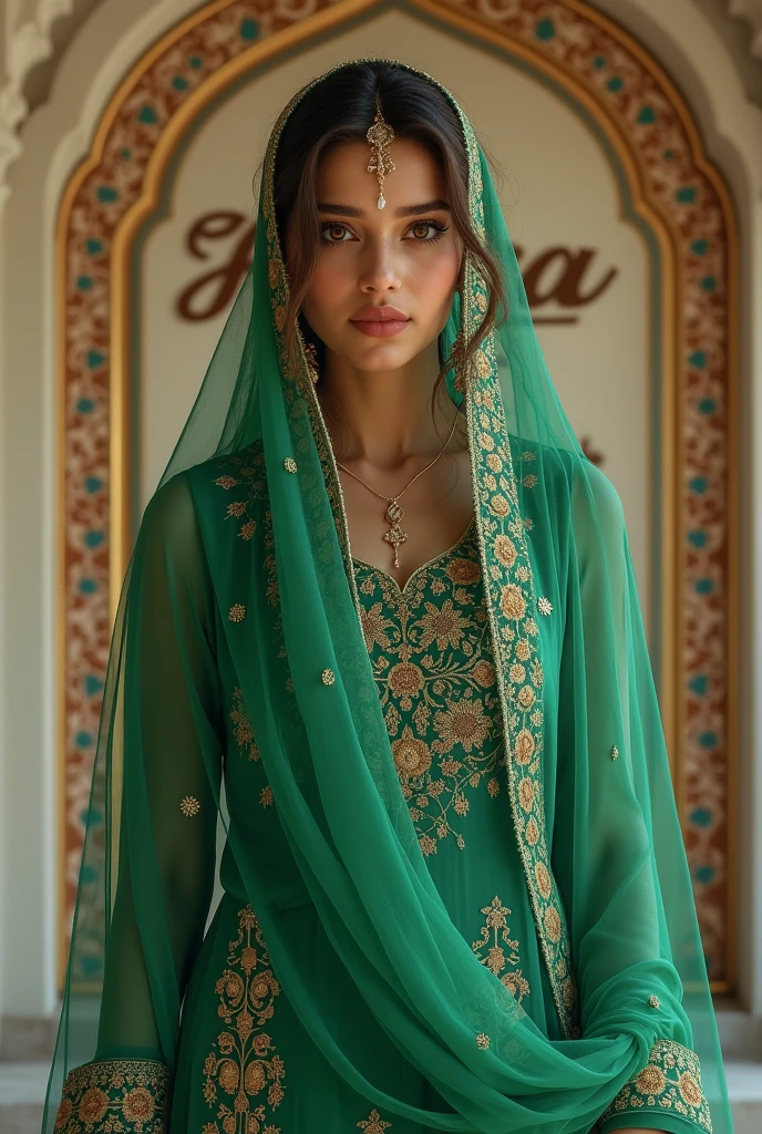A beautiful woman wearing a dupatta on her head and wearing a green colored Pathani dress with Hafsa written on the back wall which is clearly visible and has a beautiful design.