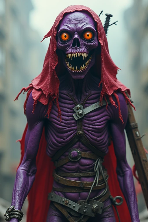 A tall, very thin with purple skin his mouth is open and his teeth are numerous and sharp he has no nose and his eyes are orange, abnormally large and glazed he wears "mantea" ragged red. metal plates screwed to his arms, flegs, chest and some small ones on his head
