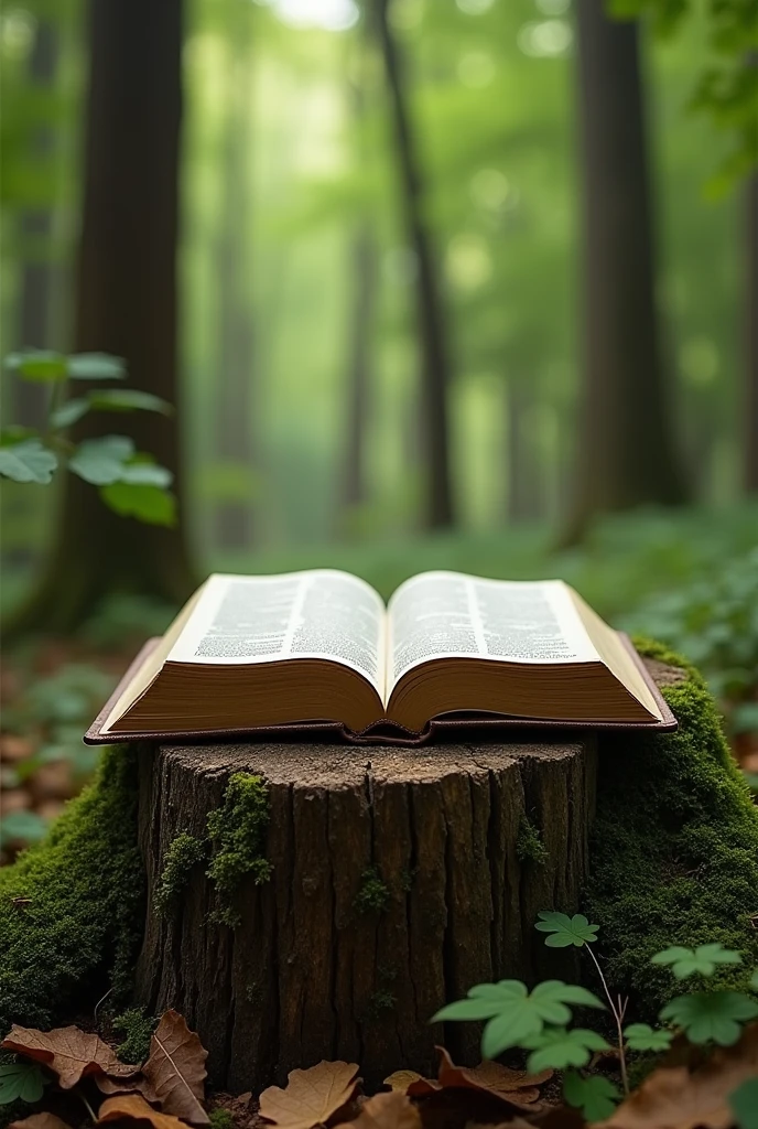 /imagine prompt: An open Bible rests delicately on a sturdy, aged tree trunk, Covered in moss and tiny roots. The trunk is situated in a clearing of a forest, surrounded by tall trees and verdant foliage. Soft sunlight penetrates through the treetops, illuminating the Bible with a soft glow. The surrounding environment is serene and natural, with fallen leaves and a sense of peace. --v 5 --ar 16:9 --q 2
