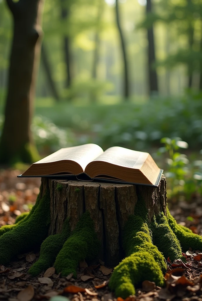 /imagine prompt: An open Bible rests delicately on a sturdy, aged tree trunk, Covered in moss and tiny roots. The trunk is situated in a clearing of a forest, surrounded by tall trees and verdant foliage. Soft sunlight penetrates through the treetops, illuminating the Bible with a soft glow. The surrounding environment is serene and natural, with fallen leaves and a sense of peace. --v 5 --ar 16:9 --q 2
