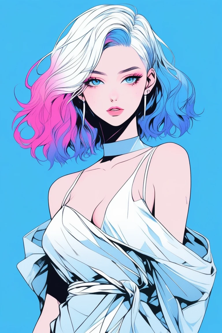 (Speed Paint) +++ Female portrait, palette knife painting, impressionist style, brushwork technique, large stroke, Open shirt, A stunning illustration, Blue-White haired goddess, in 1980s womens fashion, 1980s pop hair styles, pale skin, a beauty pinup art style, graphic design, flat colours, Neon Pink Neon blue palette, background 1 flat colour, Stripes and circles. Evil smile, Portrait Style Full nude