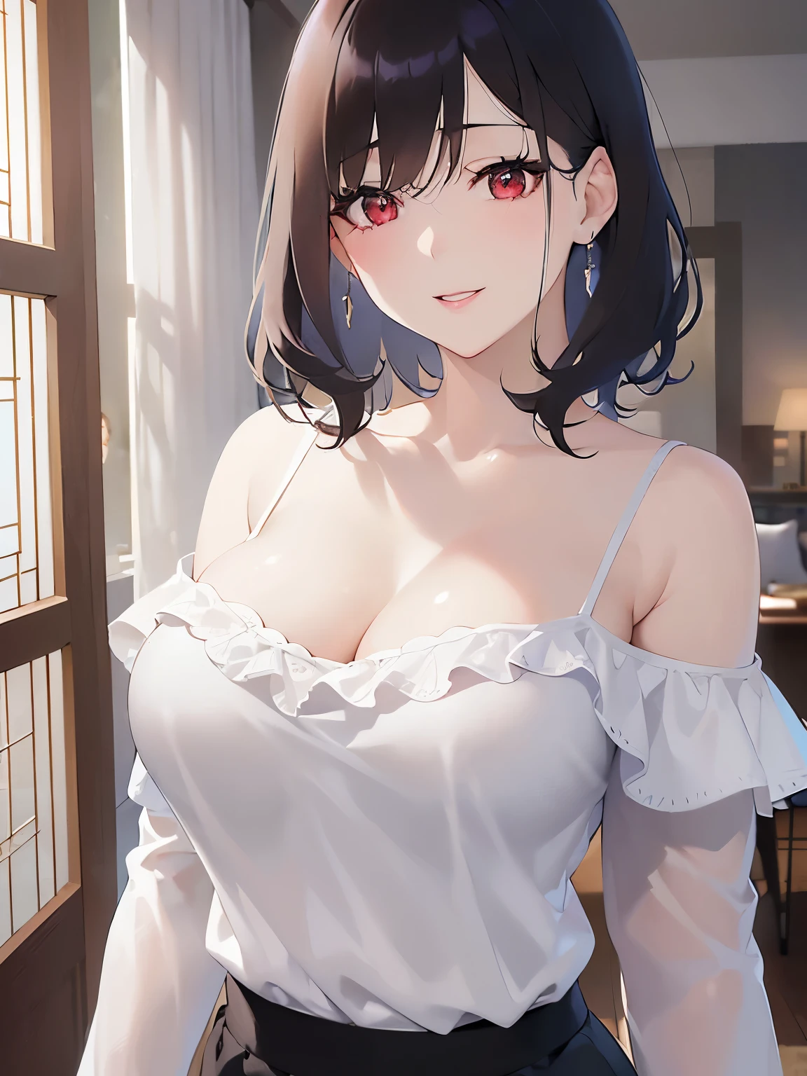 sexly, big breasts, Upper Body, (pale skin:1.2), shiny skin, shiny hair、(A woman in her 40s) and (bob cut) and (wavy hair) and (hair between eyes) and (black hair) and (red eyes), (white) and (off shoulder blouse) 、smile, The background is the living room at night、Alone、Are standing
