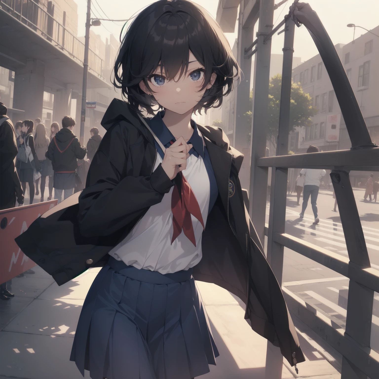 ultra-absurdres-Top quality by artist God, ultra-detailed, high resolution, anime moe artstyle, best anime 8k konachan wallpaper, pixiv contest winner, pool:2810, perfect anatomy,break, 1girl, (Please draw a girl walking sleepily to school alone. )break,(Solo,little female, 13-year-old:1.3),Full limbs, complete fingers,a junior high school student, (very short hair), short cut, flat chest, , small butt, small black eyes, beautiful detailed eyes, well-proportioned iris and pupils, expressive eyes, highres detailed hair, soft expression, salor school_uniform, sailor collar, serahuku, bow, pleated skirt,(Detailed Lighting), (Detailed background), in the School commute route. break,super detailed skin, Best cinematic lighting powered by famous artist, 8k,beauty illustration,photoshop_(medium),very aesthetic,break,((artist:izumi_tsubasu )), artist:clamp ,artist:carnelian ,artist:kantoku ,
