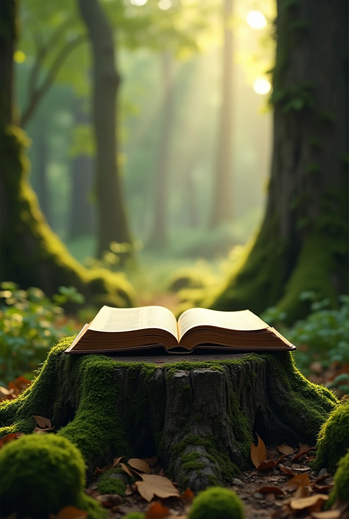 /imagine prompt: An open Bible rests delicately on a sturdy, aged tree trunk, Covered in moss and tiny roots. The trunk is situated in a clearing of a forest, surrounded by tall trees and verdant foliage. Soft sunlight penetrates through the treetops, illuminating the Bible with a soft glow. The surrounding environment is serene and natural, with fallen leaves and a sense of peace. --v 5 --ar 16:9 --q 2