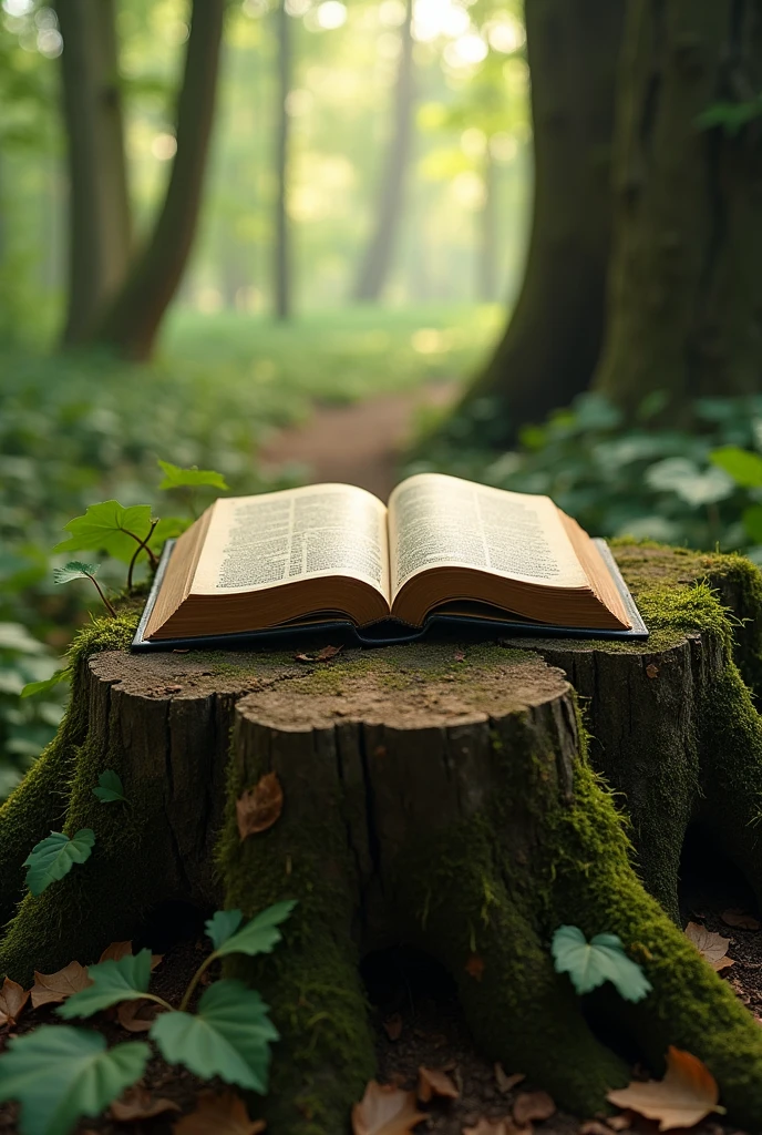 /imagine prompt: An open Bible rests delicately on a sturdy, aged tree trunk, Covered in moss and tiny roots. The trunk is situated in a clearing of a forest, surrounded by tall trees and verdant foliage. Soft sunlight penetrates through the treetops, illuminating the Bible with a soft glow. The surrounding environment is serene and natural, with fallen leaves and a sense of peace. --v 5 --ar 16:9 --q 2