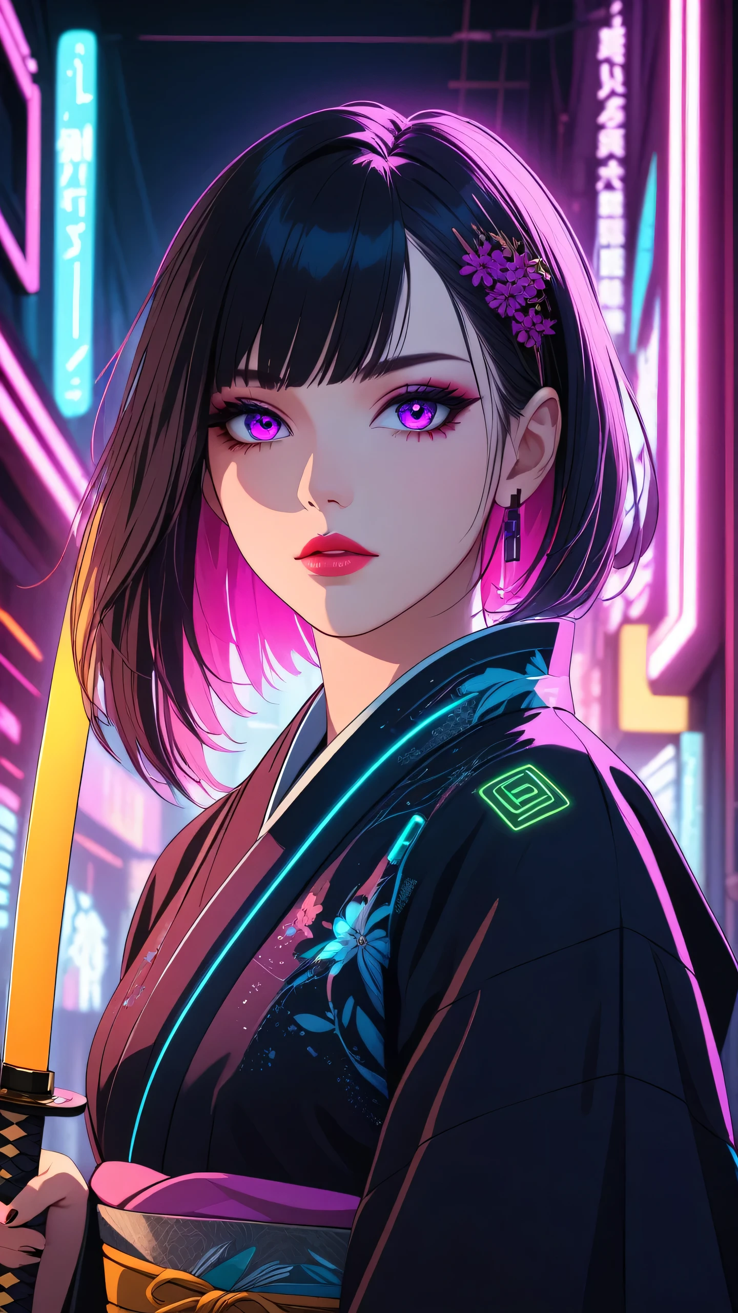 beautiful detailed eyes, beautiful detailed lips, extremely detailed eyes and face, long eyelashes, 1 girl, detailed portrait, kimono, holding katana, cyberpunk style, sci-fi, neon lights, dark atmosphere, dramatic lighting, cinematic, vivid colors, hyper-detailed,