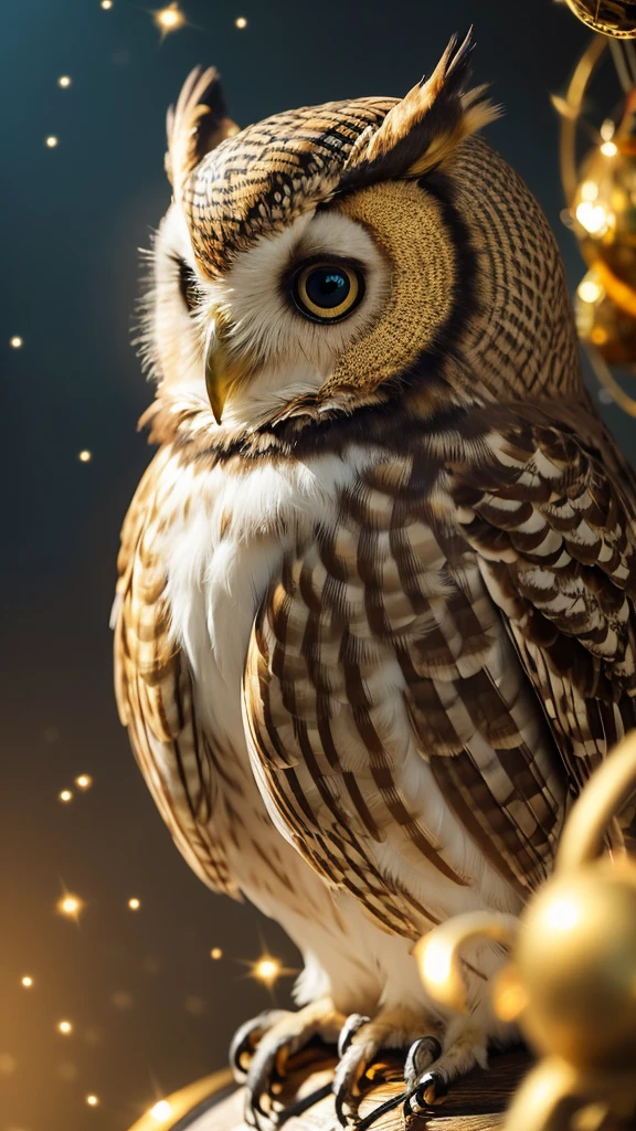 **Prompt:** "Create a highly detailed, realistic image of a golden owl with intricate feather patterns and large, expressive eyes. The owl should appear almost metallic, with a polished, shiny surface that reflects light. The background should be soft and blurred, featuring warm tones like gold and amber with bokeh effects to enhance the magical and luxurious atmosphere. The owl should be perched gracefully, exuding wisdom and elegance, with a slight shimmer of light particles around it to give a mystical feel."