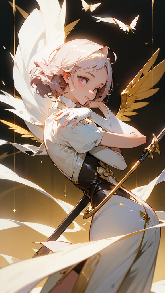 (1girl:1.2), (princess:1.2), (enchanter:1.3), (jitome:1.4), (serious:1.3), (halo:1.4), (crop top:1.3), (fingerless gloves:1.3), (sweater:1.3), (leggings:1.3), White hair, gold eyes, Curved Sword Slash