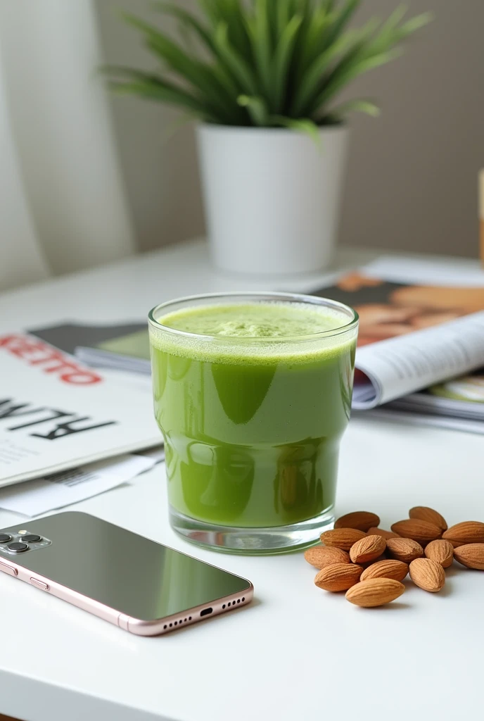 magazine and documents at the background, and keto food detox juice almonds on the white table, and an iphone in the middle of table, and the keto food is front of tge phone