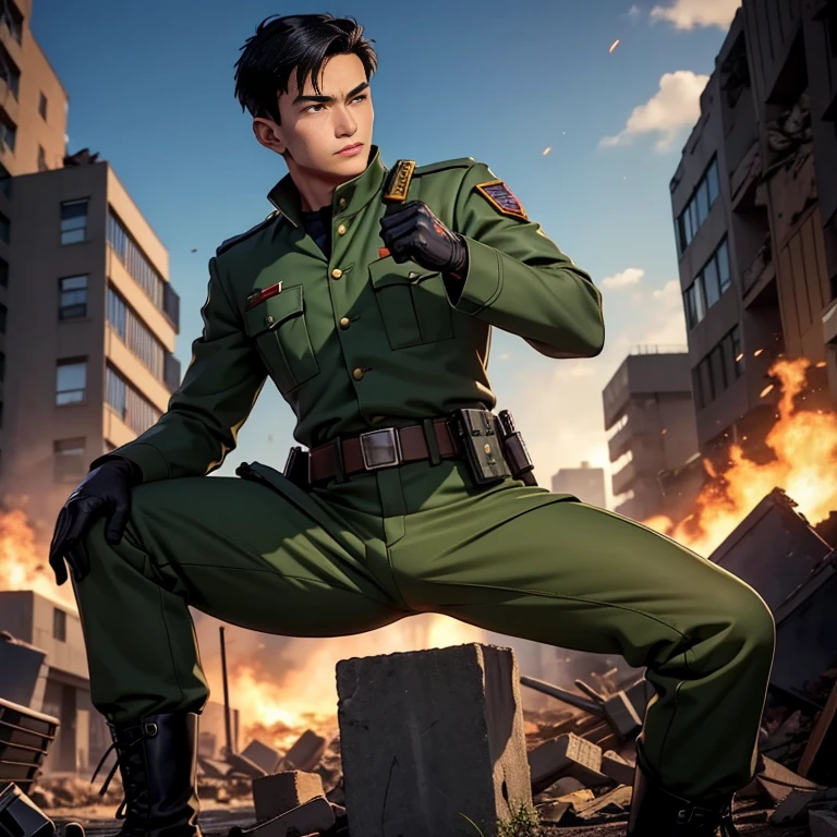 anime、Zeon Army soldiers、30 years old,One Man,、Dark green military uniform、Shocker Belt、Black gloves、Brown boots、With a handgun on his hip、City of Rubble、Explosion of income and expenditure　Open your legs and shoot your gun、logic, ,Black Hair。Pretty short and even shorter short hair、Handsome soldier　Asian Face　The crotch area of my pants is bulging