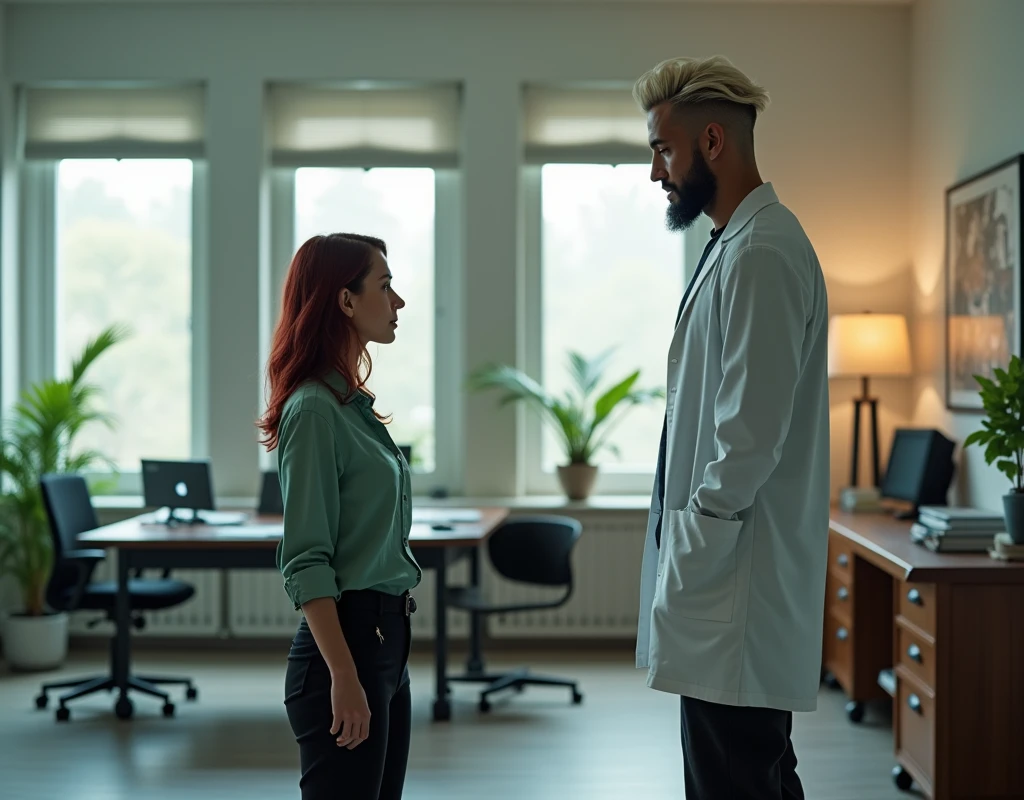 Very tall attractive young man with platinum blond wavy swept-back crew cut hair, dark skin, long black stubble, Arabic-Egyptian features, white lab coat over a black t-shirt, black cargo pants and black boots, standing behind office desk gesturing to take a seat to a shoulder height young woman vibrant maroon side-parted medium-length wavy hair, very pale skin, soft green silk work blouse, low-rise black pants and black boots. Photorealistic, cinematic.