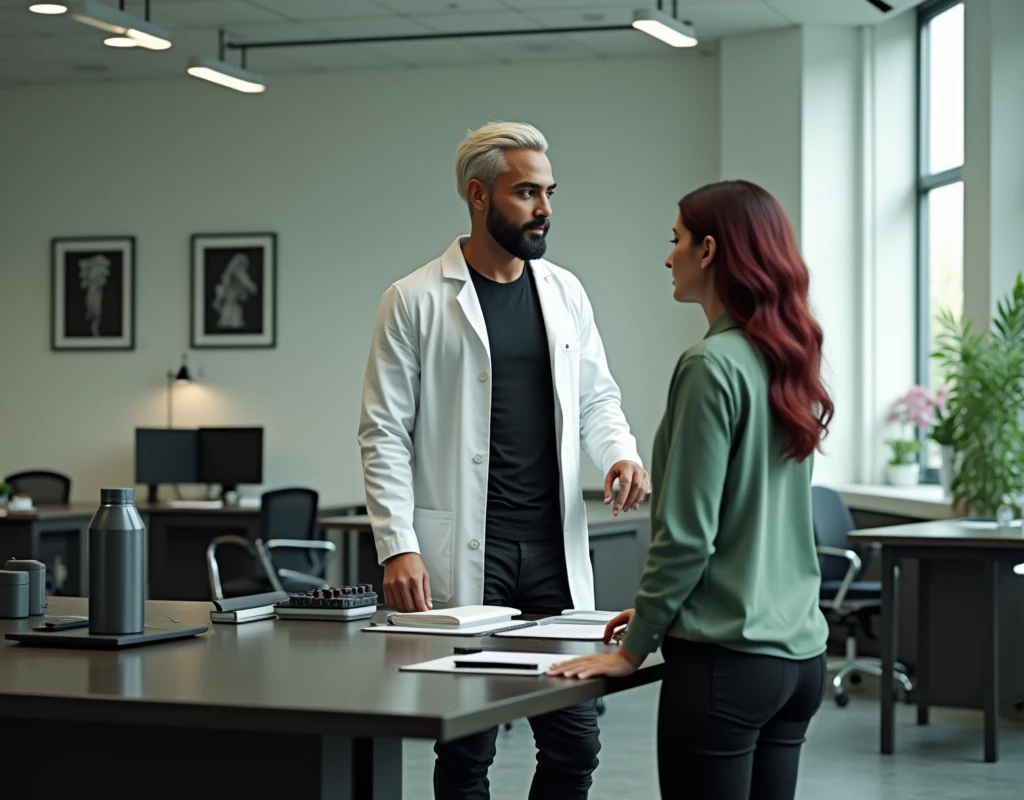 Very tall attractive young man with platinum blond wavy swept-back crew cut hair, dark skin, long black stubble, Arabic-Egyptian features, white lab coat over a black t-shirt, black cargo pants and black boots, standing behind office desk gesturing to take a seat to a shoulder height young woman vibrant maroon side-parted medium-length wavy hair, very pale skin, soft green silk work blouse, low-rise black pants and black boots. Photorealistic, cinematic.