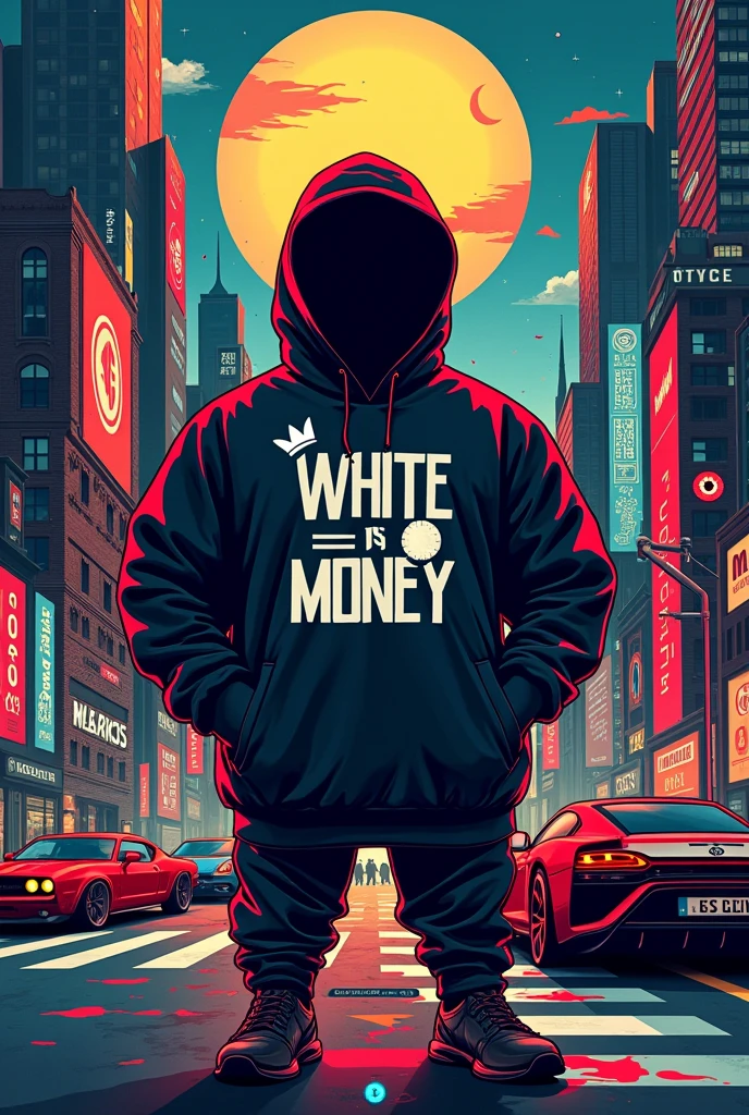 Design a modern, urban-themed poster for a streetwear clothing brand called 'White Money.' The poster should showcase key streetwear items such as , oversized t-shirts, and jackets, emphasizing bold and trendy designs. The clothing should feature intricate graphic elements like logos, text, and images that reflect urban culture, including cityscapes, money symbols, and stylized typography. The overall aesthetic should be edgy and vibrant, with a mix of dark and bright colors to create a visually striking contrast. Incorporate elements like a city skyline, luxury cars, and a modern, artistic vibe that appeals to a young, fashion-forward audience." 