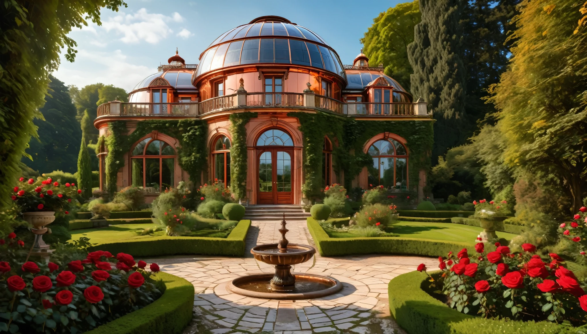 photo of a palace with a garden and red roses in front of it, inspired bybeautiful large copper and glass dome house, detailed photo 4 k, inspired by Guido Borelli da Caluso, beautiful art uhd 4 k, old English countryside exterior, beautiful digital artwork, ornately detailed, by Arthur Pan, rich picturesque colors