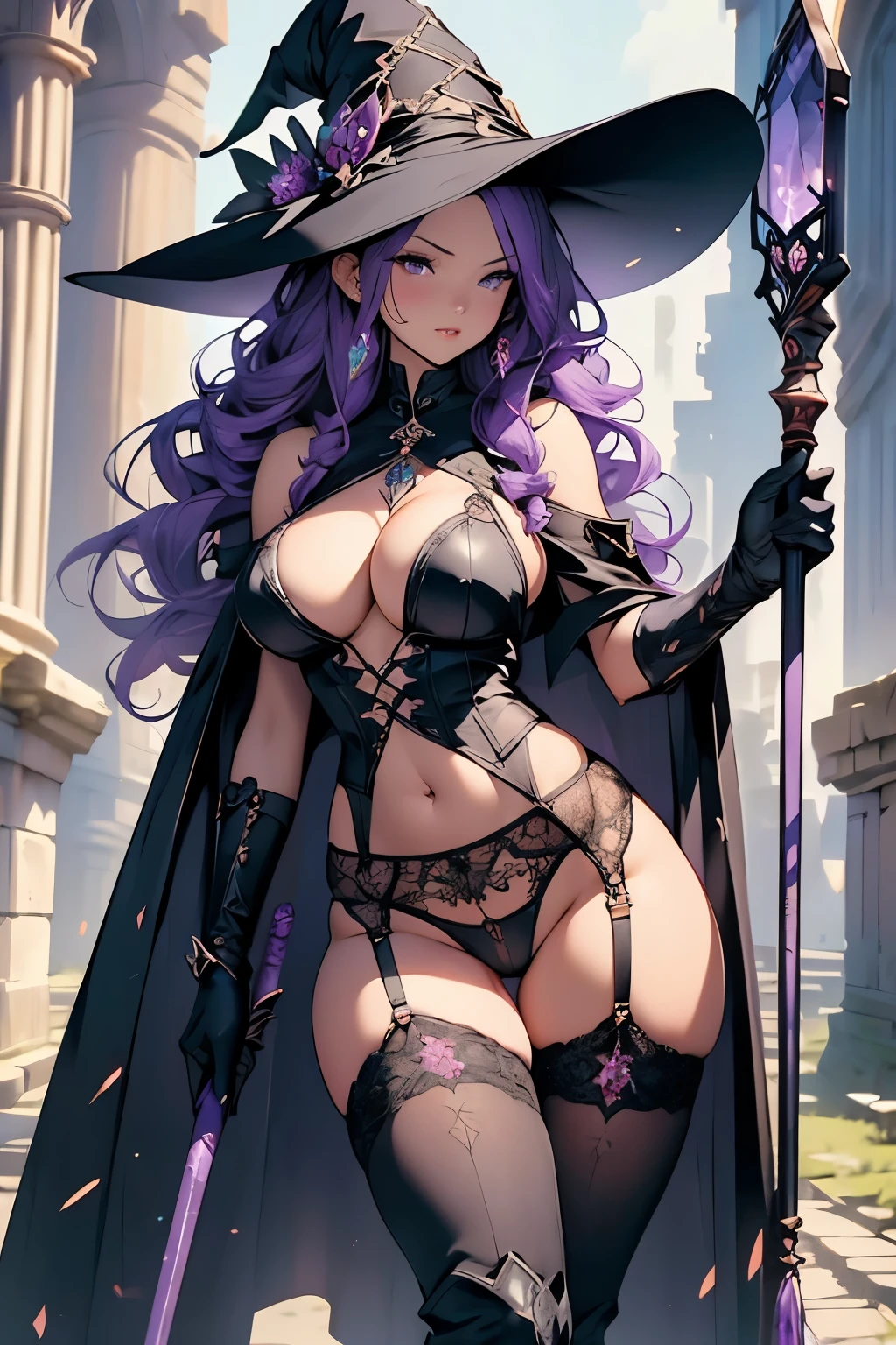 High quality, Ultra detailed, best quality, insanely detailed, beautiful, masterpiece、(Holding a giant magical staff made of purple crystal)、(Purple hair with waves、Witch Hat)、(Slut、Bitch、Prostitute)、(Huge breasts、Underboob、Sideboob、See-through sexy lingerie)、(Huge tattoo that glows on the crotch、Camel toe)、(Wide Hips、Thick thighs、glamorous、curve、NSFW、Revealing outfit)、(Black garter belt、Black long boots、Black Gloves、See-through cape)、(ancient ruins)