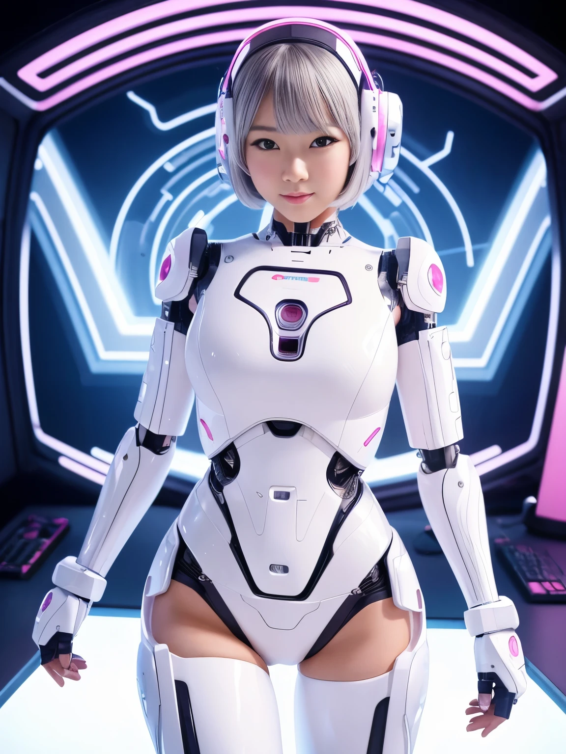 (Highest quality, High resolution, masterpiece:1.2), Very detailed, Realistic:1.37, (Perfect Anatomy),1 person, actress, Cowboy Shot, Transforming into a cute and beautiful Japanese,Female university student, Very cute face, (cyber robot),Standing posture,Laughter,Beautiful Eyes,Beautiful Skin,,(A futuristic and cute white and pink swimsuit transformed into a cyber robot body;1.2, Attractive idol makeup,Silver-haired bob cut,Cute pose,The background is the interior of a cyborg operating room and a monitor screen....