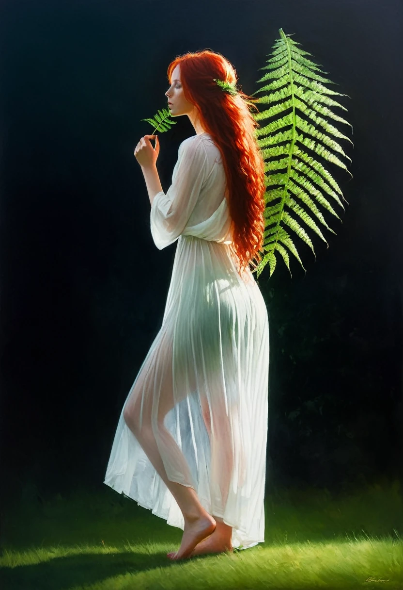 painting of a girl in long white simple transparent dress, bare feet, carries large fern leaf in relaxed hand, in profile, very long red hair, white skin, green grass, girl seems transparent, dramatic, dark atmosphere, cinematic scene, volumetric lights, ultra realistic, in the style of nicola samori