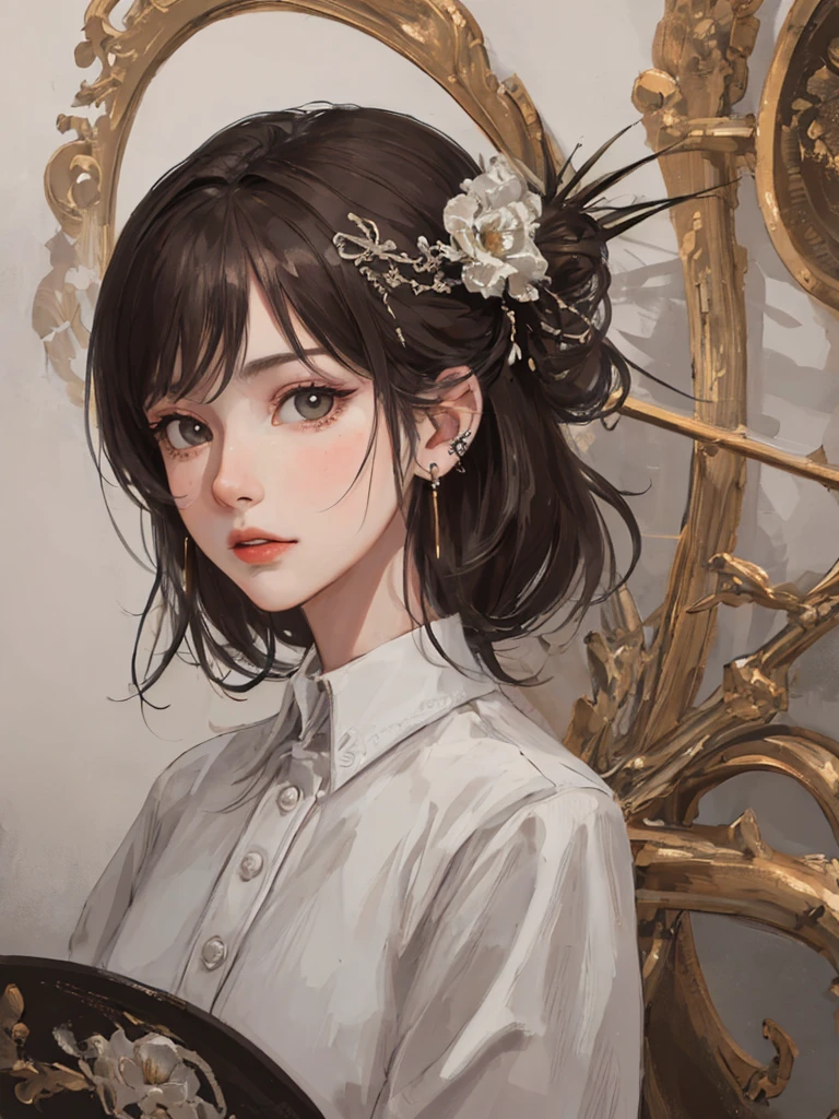(masterpiece:1.2, best quality), (real picture, intricate details), solo, 1milf, home, close-up face, shirt, (front focus), large round earrings, Looking at me, bangs