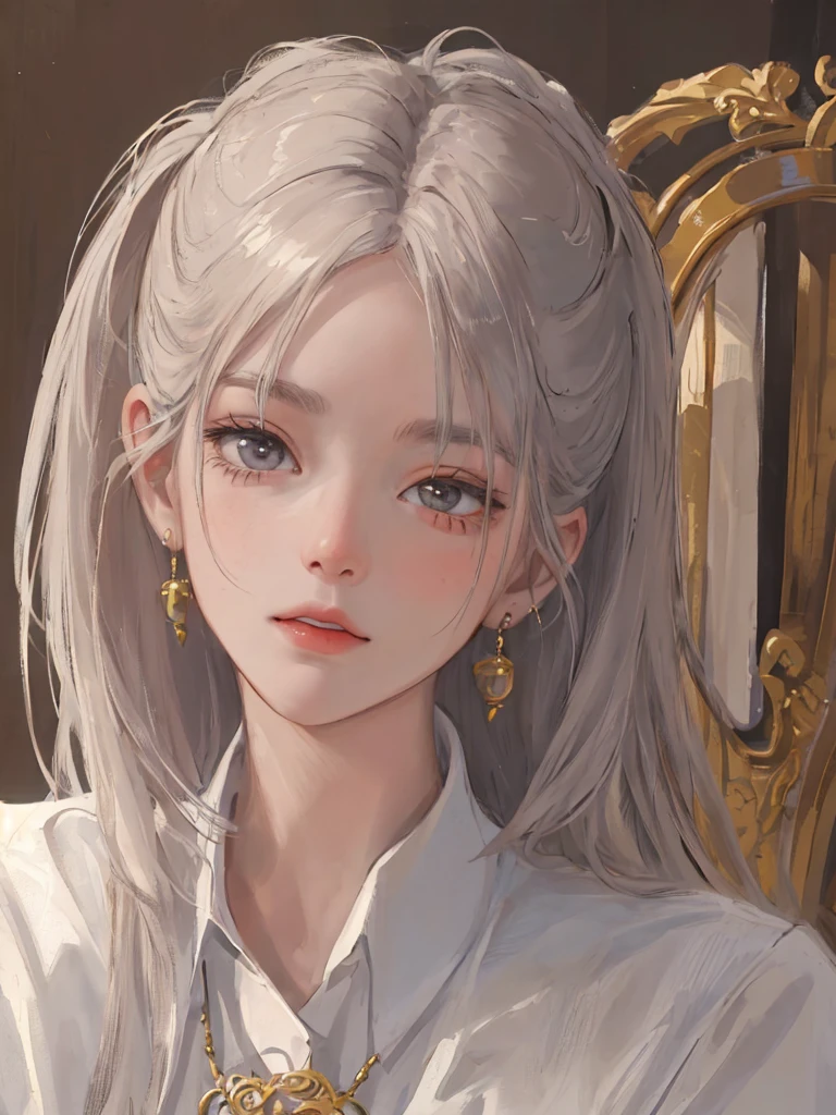 (masterpiece:1.2, best quality), (real picture, intricate details), solo, 1milf, home, close-up face, shirt, (front focus), large round earrings, Looking at me, bangs