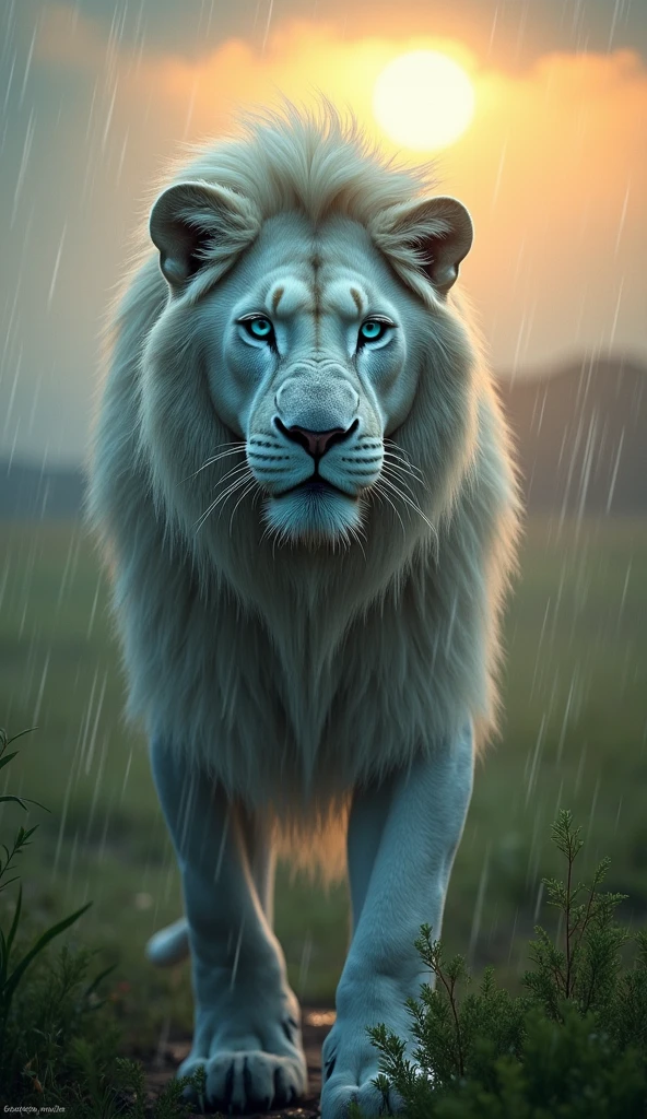 Create an albino Lion with blue eyes and scars in the rain in 8k high resolution super realistic, When the sun rises, focus on the Lion's face