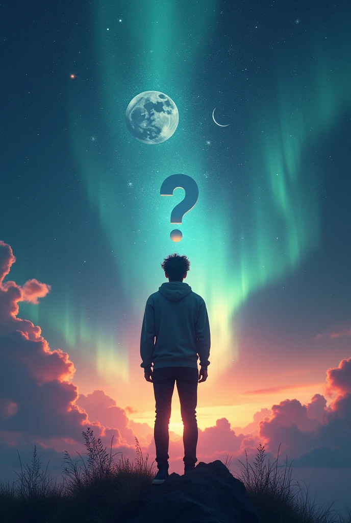 A person, from back view,surrounded by the universe, twilight, sparks, stars, moon,aurora borealis effect, 4k visual effect, inquiring, about himself, grace , silent, interrogation point, on his head, visual effect 3d