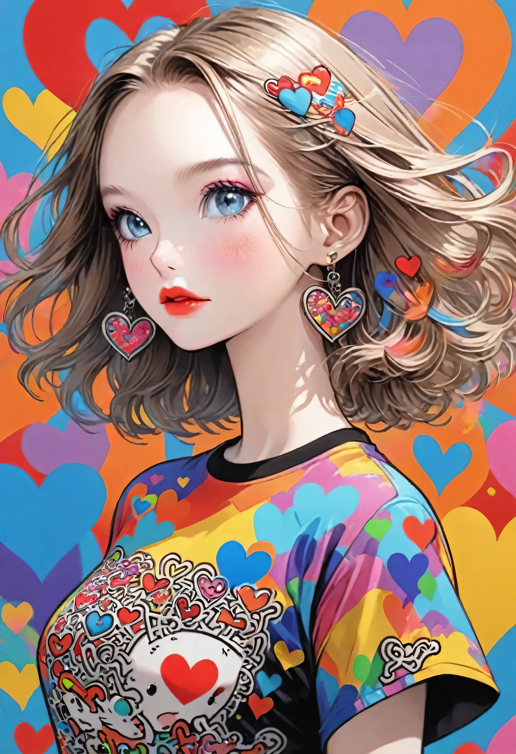Ultra-realism Keith Haring colorful style, Simple Line Initialism,Abstract art,(((The most beautiful girl of all time))), Sweet face. Lips in love, colorful hearts, stylish design, 夏のオシャレなTシャツ, 黒い瞳, walking, Paris
